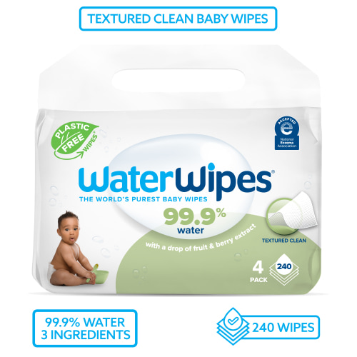 WaterWipes Textured Clean 99.9% Water Based Toddler & Baby Wipes, 4 Resealable Packs (240 Wipes)