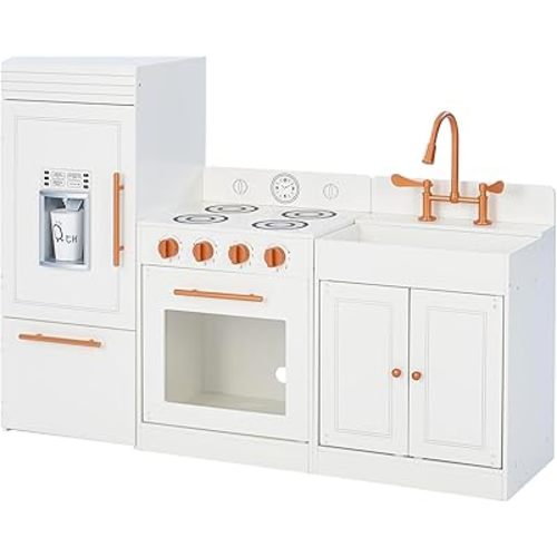 Teamson Kids Little Chef Paris Modular Contemporary Interactive Wooden Play Kitchen with Refrigerator, Oven, Sink, and Storage Space for Easy Clean Up, White with Rose Gold Finishes