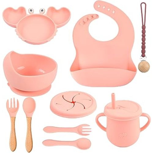 Silicone Baby Feeding Set 14 Pcs | Baby Led Weaning Supplies | Baby Spoons Suction Bowl Divided Plate Bib Cup | First Stage Solid Food Eating Utensils - 6+ Months (Pink)