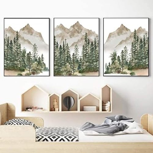 NIUNIU ART Nursery Wall Decor Mountain Tree Nature Woodland Canvas Print Baby Boy Wall Art Pictures Watercolor Art Painting Nordic Poster-40X50Cmx3 Pcs Unframed