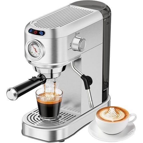 Espresso Machine 20 Bar, Compact Espresso Maker, Stainless Steel Professional Expresso Coffee Machines with Steam Milk Frother & 34oz Removable Water Tank for Home & Office, Latte, Cappuccino, Silver