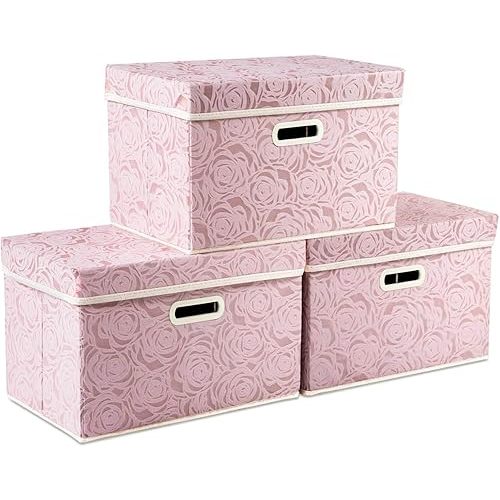 PRANDOM Collapsible Storage Boxes with Lids Fabric Decorative Storage Bins Cubes Organizer Containers Baskets with Cover Handles Divider for Bedroom Closet Living Room 14.9x9.8x9.8 Inch 3 Pack