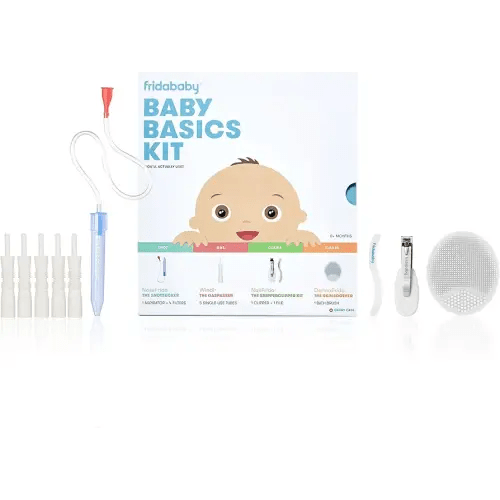 Frida Baby Basics Kit | Baby Essentials Kit Includes Nasal Aspirator Snotsucker, NailFrida Nail Files, Windi Gas Relief, DermaFrida Bath Brush + Silicone Carry Case
