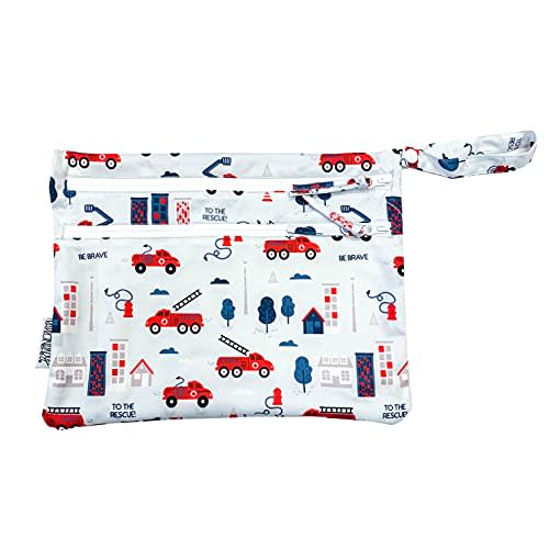 BapronBaby Be Brave Firefighter Wet Dry Bag - Waterproof Two Zipper Pockets - Reusable for Mealtime, Diapers, Stroller, Snacks, Swimsuits - Machine Washable - 11" x 9"