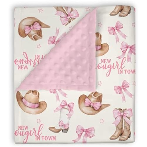 Mink Baby Girl Blanket Western New Cowgirl in Town, Pink Bow Ribbon Boot Hat Soft Double Layer Dotted Backing Receiving Swaddle, Newborn Infant Toddler Nursery Crib Bedding Shower Gift 30 x 40