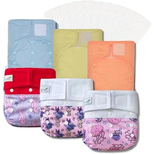 KAWAII BABY Fast Changing Cloth Diaper Pack - 6 Heavy Duty Hook & Loop Diapers with 12 Diaper Inserts One Size Adjustable Washable Reusable to fit Babies 8-36 lbs