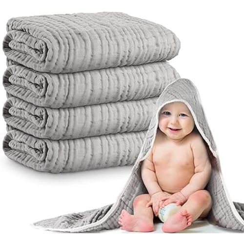 Chumia 4 Pieces Muslin Hooded Baby Towels for Newborn Girls Boys 32"x 32" Cotton Infant Bath Towel Absorbent Unisex Hooded Blankets for Babies Toddler, Newborn Registry Baby Gift (Light Gray)