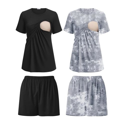 Ekouaer 2 Pack Women's Nursing Pajamas Set Double Layer Maternity Pjs Postpartum Loungewear Set Breastfeeding Tops & Shorts
