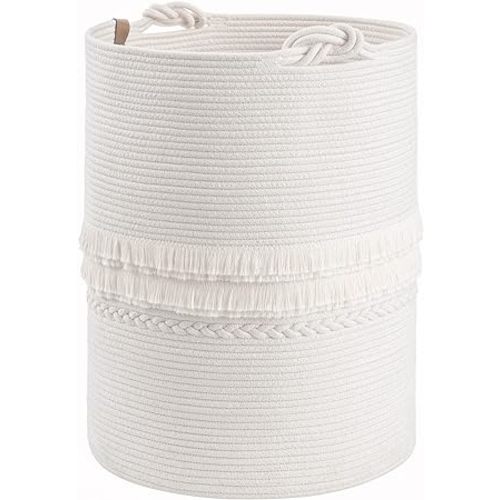CherryNow Baby Laundry Hamper for Nursery, Tall Laundry Basket for Laundry Room, White Woven Storage Basket for Clothes, Toys, Towels, 16 x 22 inches, 69L