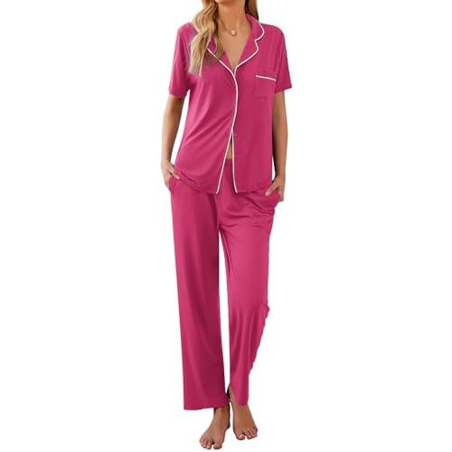 Ekouaer Women Pajamas Set Button Down Sleepwear Short Sleeve Nightwear with Long Pants Soft Pjs Set S-XXL