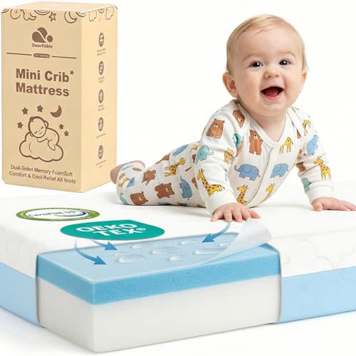 Dual Sided Pack and Play Mattress, 3 Inch Thick Soft & Firm Memory Foam Breathable Portable Pack n Play Mattresses, 4 in1 Baby Playpen Mattresses with Removable Washable Cover - 38x26x3 Inch