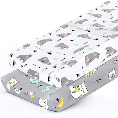 Stretchy Changing Pad Covers BROLEX Carddle Sheet Set for Baby Boys Girls,2 Pack Jersey Knit,Owl & Bear