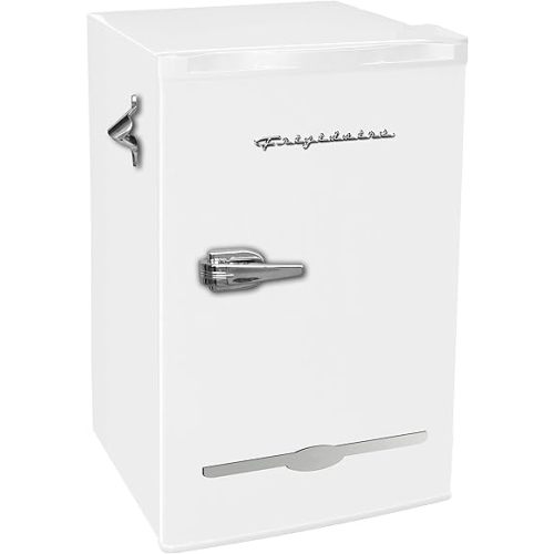 Frigidaire Retro Compact Fridge with Chiller, 3.2 cu ft Countertop Fridge with Built-In Bottle Opener, Compact Refrigerator for Office, Bedroom, Dorm Room or Cabin - 16.5" D x 19" W x 31" H (White)