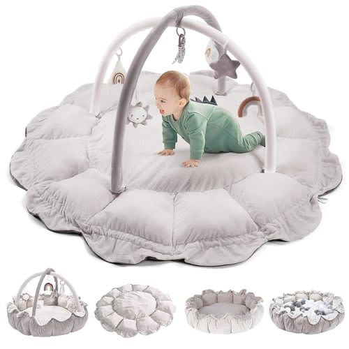 Grey 5-in-1 Convertible Baby Play Gym with 6 Toys, Tummy Time Mat for Sensory Development, Baby Activity Center from Newborn to Toddler, Ball Pit, Cat & Dog Bed, Soft Plush Pet Bed, No Ball Included - Grey