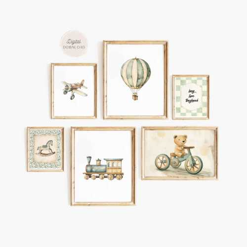 Vintage Transport Vehicles Prints, Sage Green print boys room, Travel nursery, long live boyhood, Boy nursery decor, Blue Prints, Set of 6