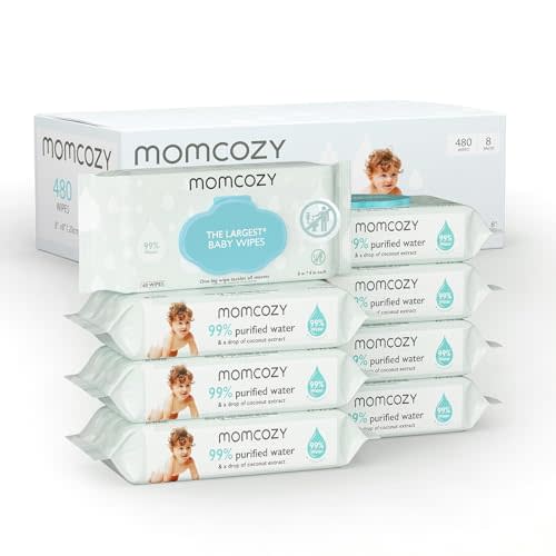 Momcozy Water Baby Wipes-Extra Large Size Design, 99% Water Based Wipes, Unscented & Hypoallergenic, Cleansing & Moisturizing Baby Wipes for Sensitive Skin, 8 Flip-Top Packs (480 Wipes Total)