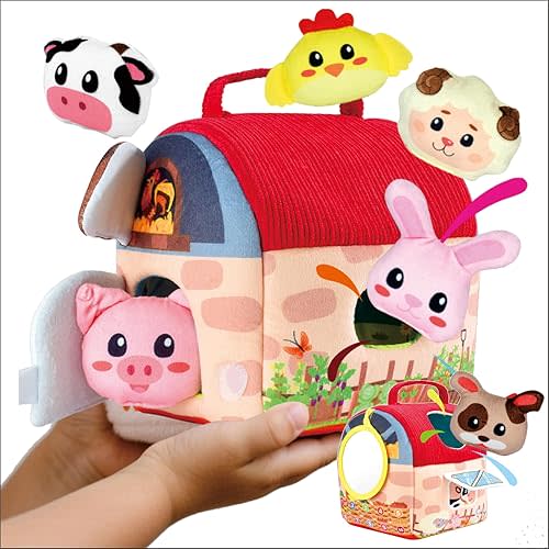 Baby Toys 6-12 Months – Montessori Barn Toys with Stuffed Farm Animals,Sensory Toy for Toddlers 1-3,Portable Farmhouse Toy for Boys & Girls,Infant Birthday Gift