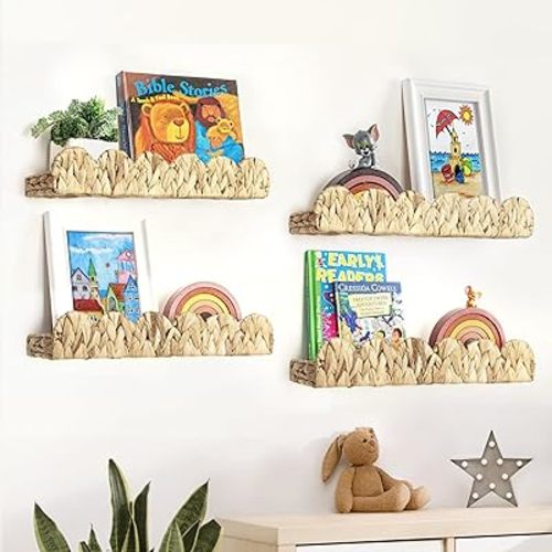 AELS Scalloped Nursery Bookshelf, Set of 4, Picture Ledge Shelf for Wall Decor, Woven Natural Water Hyacinth Floating Shelves for Books, Toys, Photo Frames, Nursery, Boho Modern Farmhouse Book Shelf