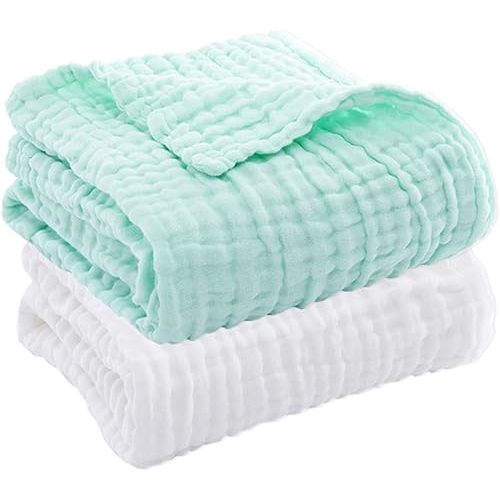 Aablexema Baby Muslin Bath Towels - Set of 2 Large Size 43X43 Inches Swaddle Blanket for Newborn Toddlers Boys Girls(White&Green)
