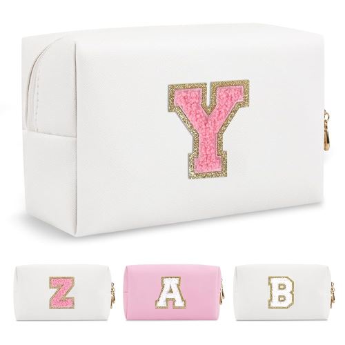 Personalized Makeup Bag Initial A-Z Preppy Patch Bag,Waterproof PU Leather Travel Cosmetic Bag Pouch with Zipper,Cute Toiletry Organizer Bag,Gift Ideal for Women Birthday Friend Mom,Letter Y