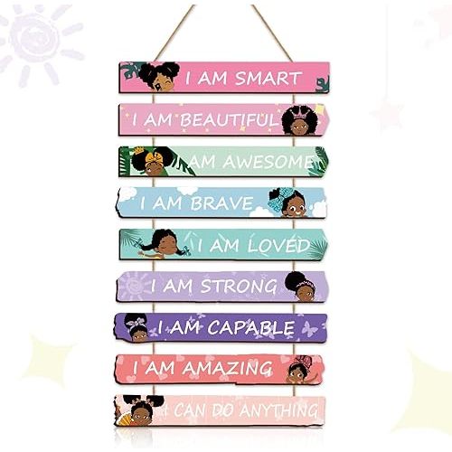 Set of 9 Black Girl Wall Art Decor Wood Motivational Girl Room Wall Art Rainbow Color Positive Inspirational Hanging Sign for Baby Kids Teen Present Bedroom Nursery Decoration