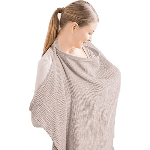 Konssy Muslin Nursing Cover for Baby Breastfeeding, Breathable 100% Cotton Breastfeeding Cover with Rigid Hoop for Mother Nursing Apron, Multi-use Carseat Canopy (Taupe)