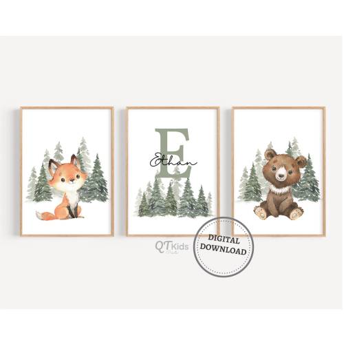 Custom Name Woodland Nursery Prints, Personalized Baby Name Prints, Woodland Animal Printable Wall Art, Boy Nursery Decor, DIGITAL DOWNLOAD