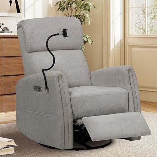 COLAMY Electric Power Swivel Recliner Chair, Fabric Rocking Chair, 270° Swivel 145° Recliner Chair with Built-in Charging Ports for Living Room, Home, DoveGrey