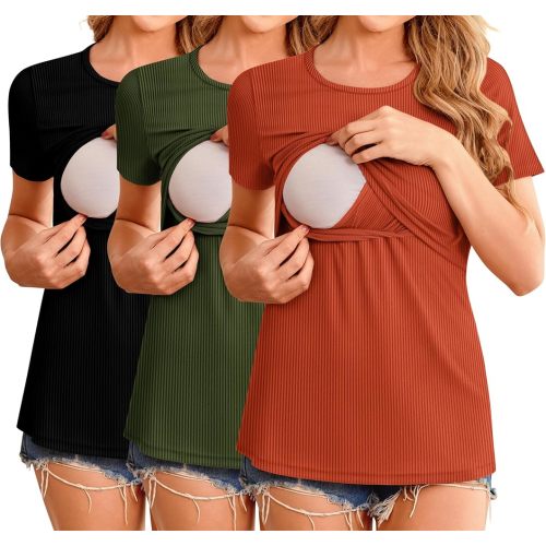 Ekouaer Womens Nursing Tops 3 Pack Short Sleeve Ribbed Breastfeeding Shirts Double Layer Maternity Shirt Pregnancy Clothes