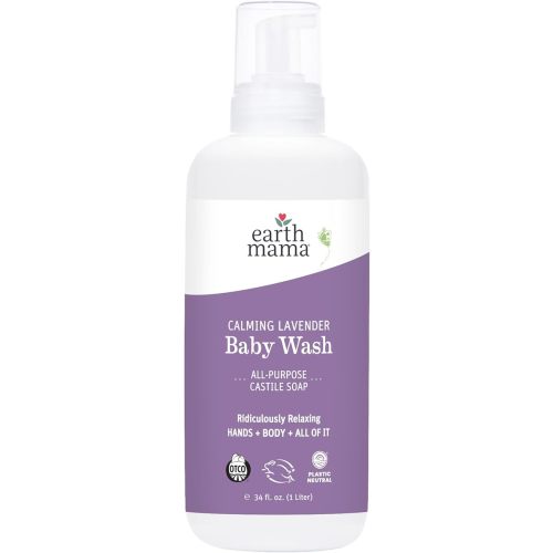 Earth Mama Calming Lavender Baby Wash Liquid Foaming Hand Soap Refill, Organic All-Purpose Lavender Body Wash for Sensitive Skin, Castile Soap with Coconut Oil, Shea Butter, Calendula, & Aloe, 34Fl Oz