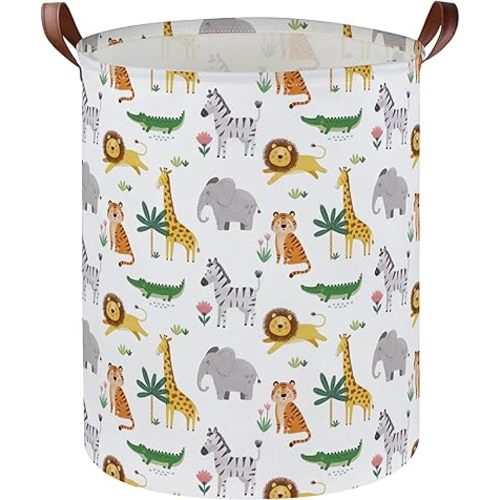 Essme Kids Laundry Basket,Animal Hamper Collapsible Canvas Waterproof Storage Bin for Boys, Cute Hamper,Gift Baskets(Playful Animals)