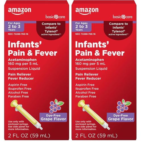 Amazon Basic Care Infants' Pain & Fever, Acetaminophen 160 mg per 5 mL, Suspension Liquid, Dye-Free Grape Flavor, 2 fl oz (Pack of 2)