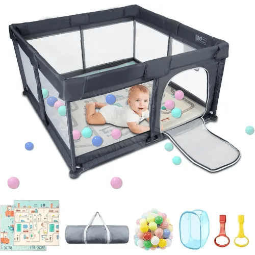 Baby Playpen with Mat, 79”×71” Playpen, Durable and Secure Baby Play Pen, Indoor & Outdoor Kids Activity Play Center. Equipped with Anti-Slip Suckers and a Zipper Gate, Anti-Fall(Grey)