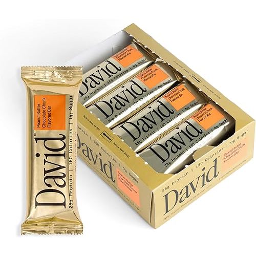 David, Protein Bar, Peanut Butter Chocolate Chunk, Pack of 12 Protein Bars | 28g of Protein | 150 Calories | 0g of Sugar - High Protein, Low Carb, Gluten Free Protein Bar