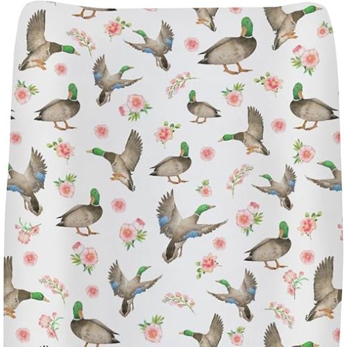 Mallard Ducks Boho Floral Changing Pad Covers for Baby Girl Boy Green Duck Spring Fitted Change Table Cover Mats Wild Duck Hunting Soft Diaper Changing Table Sheets 32''×16''
