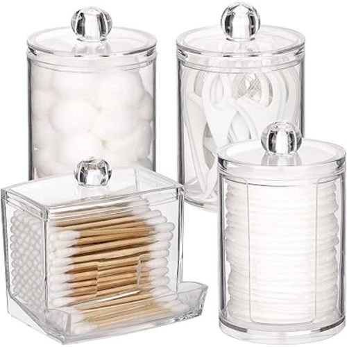Tbestmax Bathroom Organizer Accessories Set-10 OZ,7 OZ Qtips Holder Storage with Lids, Cotton Ball/Swabs Dispenser, Apothecary Container Jar 4 Pcs
