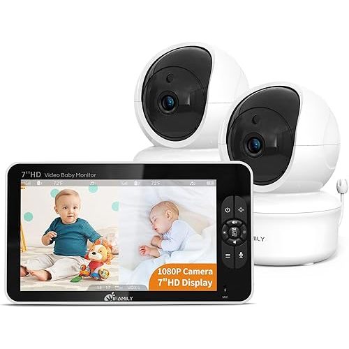 7" Large Split Baby Monitor with 2 HD Cameras and Audio, 1080P HD Video Baby Monitor No WiFi, 30hr Battery,Hack Proof, Remote Control,VOX Mode, Auto Night Vision, Built in Lullabies n White Noise