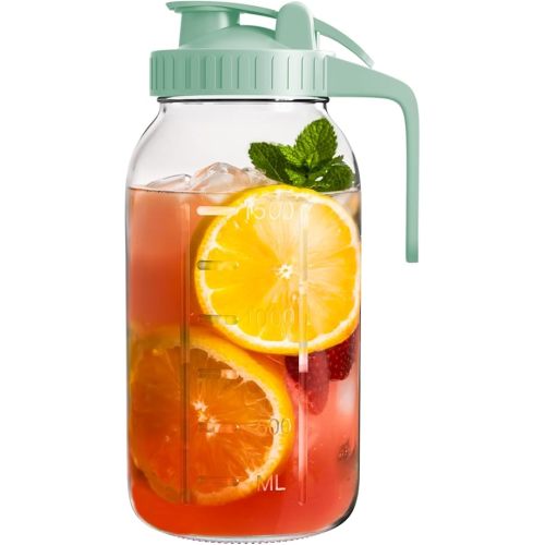 Glass Mason Jar Pitcher, 64 oz Wide Mouth Jug with Pour Spout Handle Lid for Cold Brew Coffee, Ice Beverage, Iced Juice, Lemonade, Sun Tea, Fruit Drinks Container（Green）