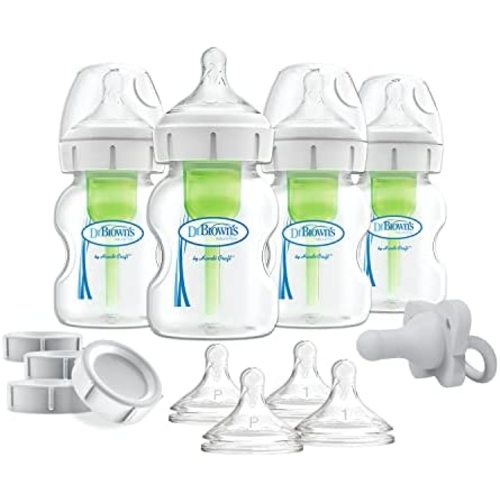 Dr. Brown’s Natural Flow® Anti-Colic Options+™ Wide-Neck Breast to Bottle Pump & Store Feeding Set with Slow Flow Nipples, Baby Bottle Travel Caps and 100% Silicone HappyPaci™ One-Piece Pacifier