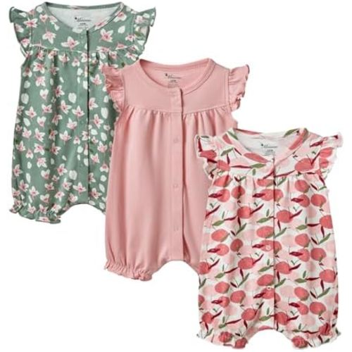 3-pack 100% Cotton Baby Girl Rompers, 0-24 months Ruffle Sleeve Toddler Romper Summer Clothes Set