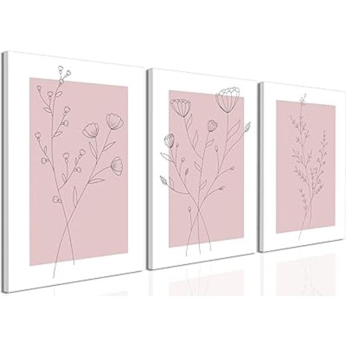 WARTHZ Pink Flower Wall Art Set of 3 Minimalist Floral Plant Wall Decor Large Girly Light Pink Botanical Line Canvas Poster Pictures Print Aesthetic for Room Bedroom Living Room Framed 16x24 inch