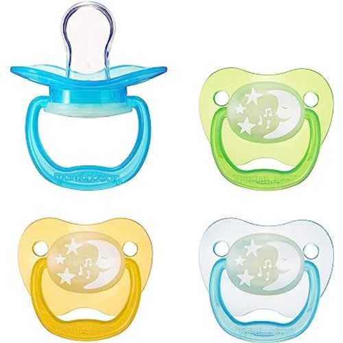 Amazon Brand - Mama Bear Glow-in-the-Dark Baby Pacifier, Stage 1 (0-6M), BPA Free, Assorted Colors (Pack of 4)