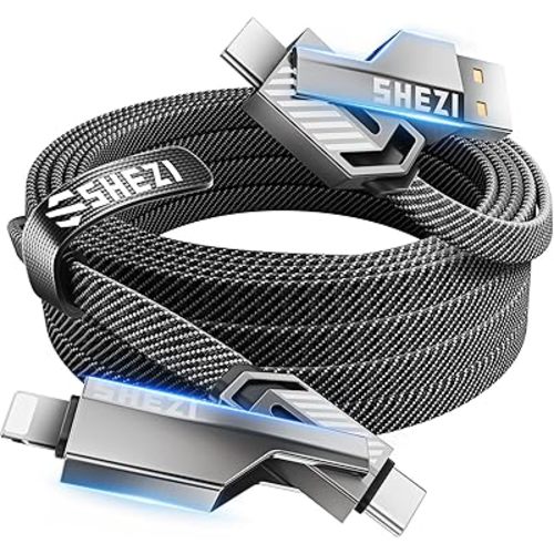 [Upgraded 2.0] SHEZI 4-in-1 Long USB C Cable 60W 10FT Lightning Cable MFI Certified [Fast Charging&Data Sync] Flat Braided Multi Charger Cord Wire Combo with L/USB C/A Port for iPhone/iPad&All Devices