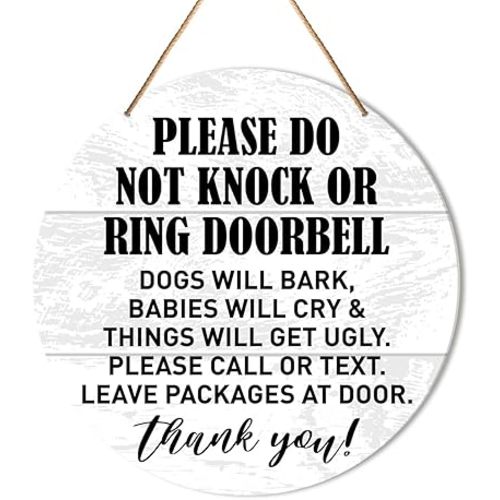 Sleeping Baby Sign Front Door Decor, Farmhouse Round Hanging Sign Decor Do Not Disturb or Knock Ring Wall Decorations Wood Sign for Home, Porch, New Mom Gift, Dogs Will Bark Babies Will Cry