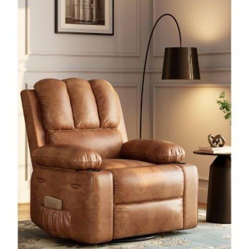 22" or 27” recliner chair with heat and massage, 360° swivel, manual rocking, and cup holder; perfect for living rooms, bedrooms, and nurseries.