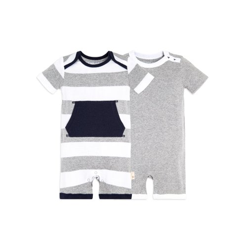 Burt's Bees Baby Baby Boys' Short Sleeve Rompers 2-Pack, 100% Organic Cotton One-Piece Coverall, Heather Grey Pocket, 0-3 Months