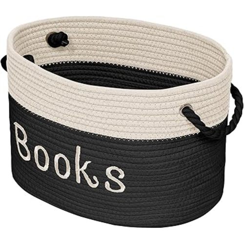 Book Basket - 15 x 11 x 9 Book Storage Bin - Black and White Nursery Book Bin - Baby Book Basket - Embroidered Bin For Baby Shower, Playroom, Nursey, Bedroom, Living Room