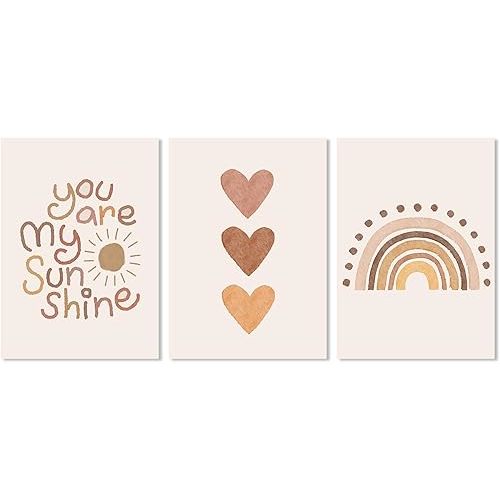 Canssape Beige Wall Art Decor Set of 3 Boho Bedroom Decor You Are My Sunshine Wall Prints Rainbow Poster Prints 16"x24" Love Heart Painting Pictures Kids Wall Art for Baby Nursery Room Decor Nursery