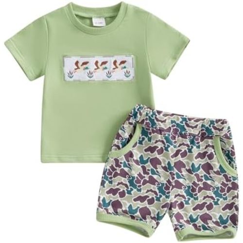 Toddler Baby Boy Summer Clothes Duck Print Short Sleeves T-Shirt Elastic Camouflage Shorts 2 Piece Outfit