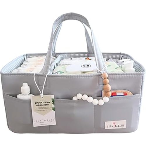 Lily Miles Diaper Caddy Organizer with 8 Pockets, Wipeable Baby Caddy Basket for Diapers and Wipes, Baby Registry Favorites, Nursery Tote Bag for Changing Table or Car (Heather Grey, Large)